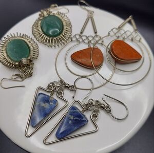 3 Pair of Artisan Wired Dangle Earrings & Natural Stones.